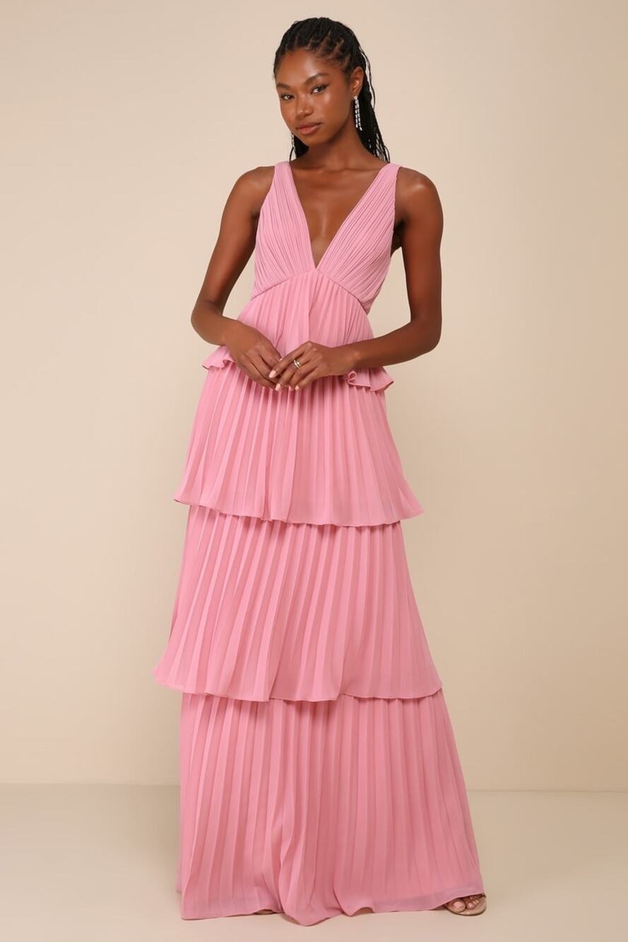 NWT Lulus Mesmerizing Essence Pink Pleated Backless Tiered Maxi Dress Gala Sz S